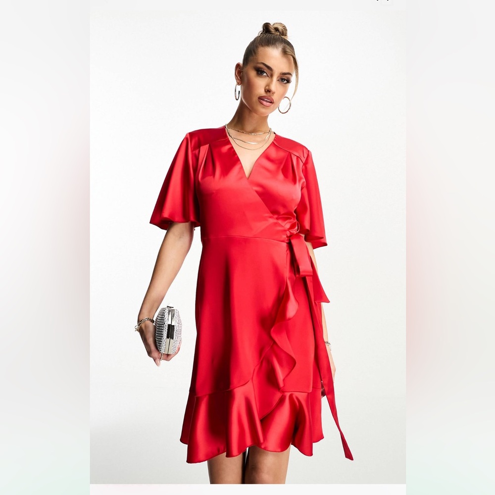 Asos Flounce London Satin Wrap red mini dress, size 10, worn once